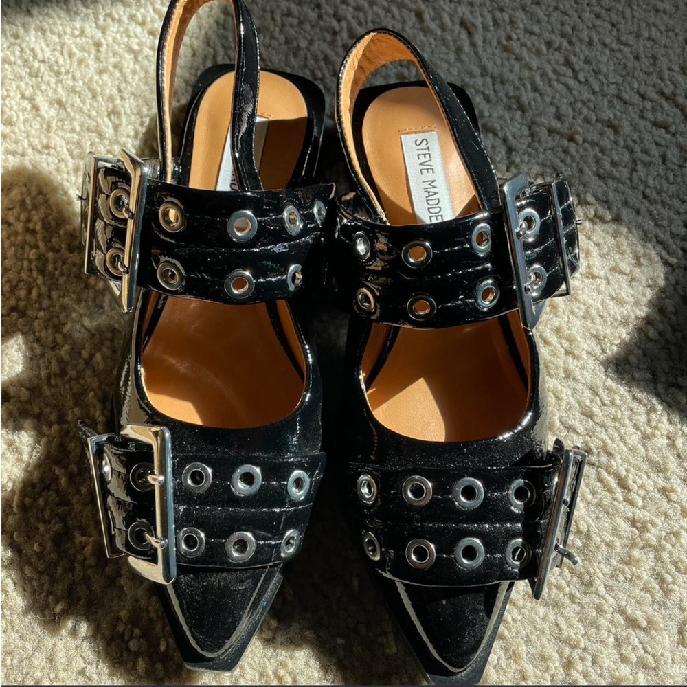 Steve Madden Black Slingback Heels with Silver Buckles